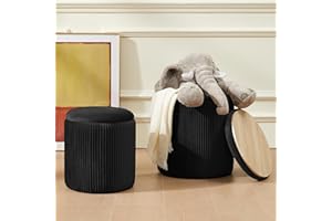 Chilihom Round Black Ottoman with Storage Set of 2 Multifunctional Upholstered Velvet Makeup Vanity Stool Chair Support 300lbs Modern Ottoman Coffee Table for Living Room,Bedroom,Dining Room
