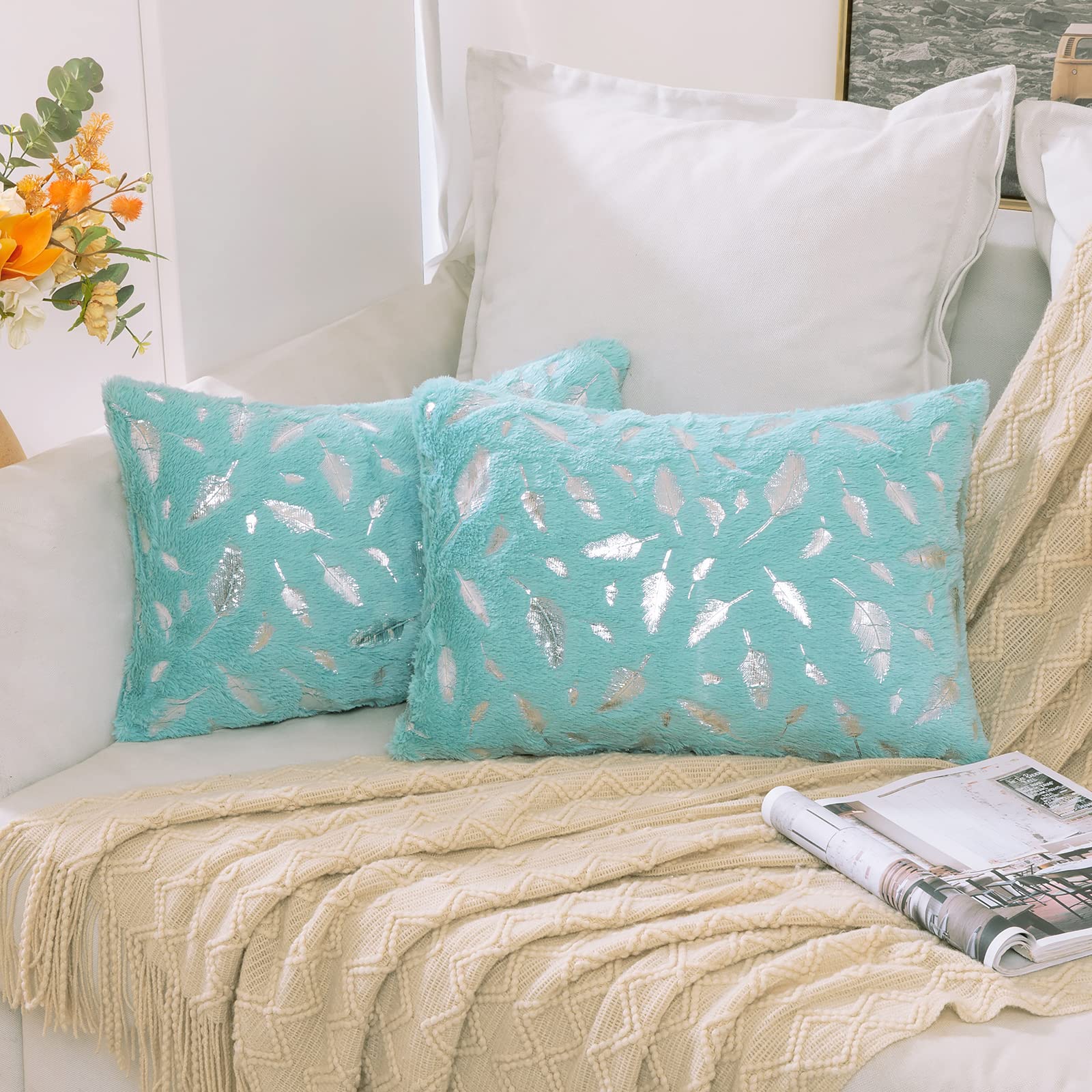 MIULEE 2 Pack Faux Fur Cushion Covers Fluffy Throw Pillow Covers Gold Feathers Soft Lovely Decorative Sapphire Square Luxurious Pillowcase for Livingroom Silver-Green 30x50cm 12x20 Inch