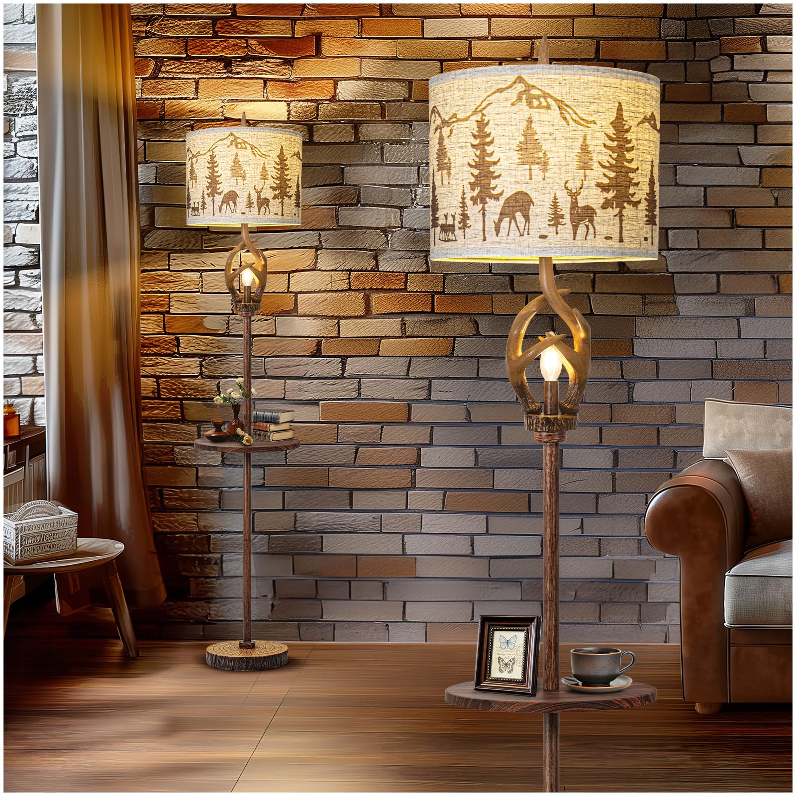 Scenekoy Vintage Deer Antlers Floor Lamps for Living Room with Metal Tray