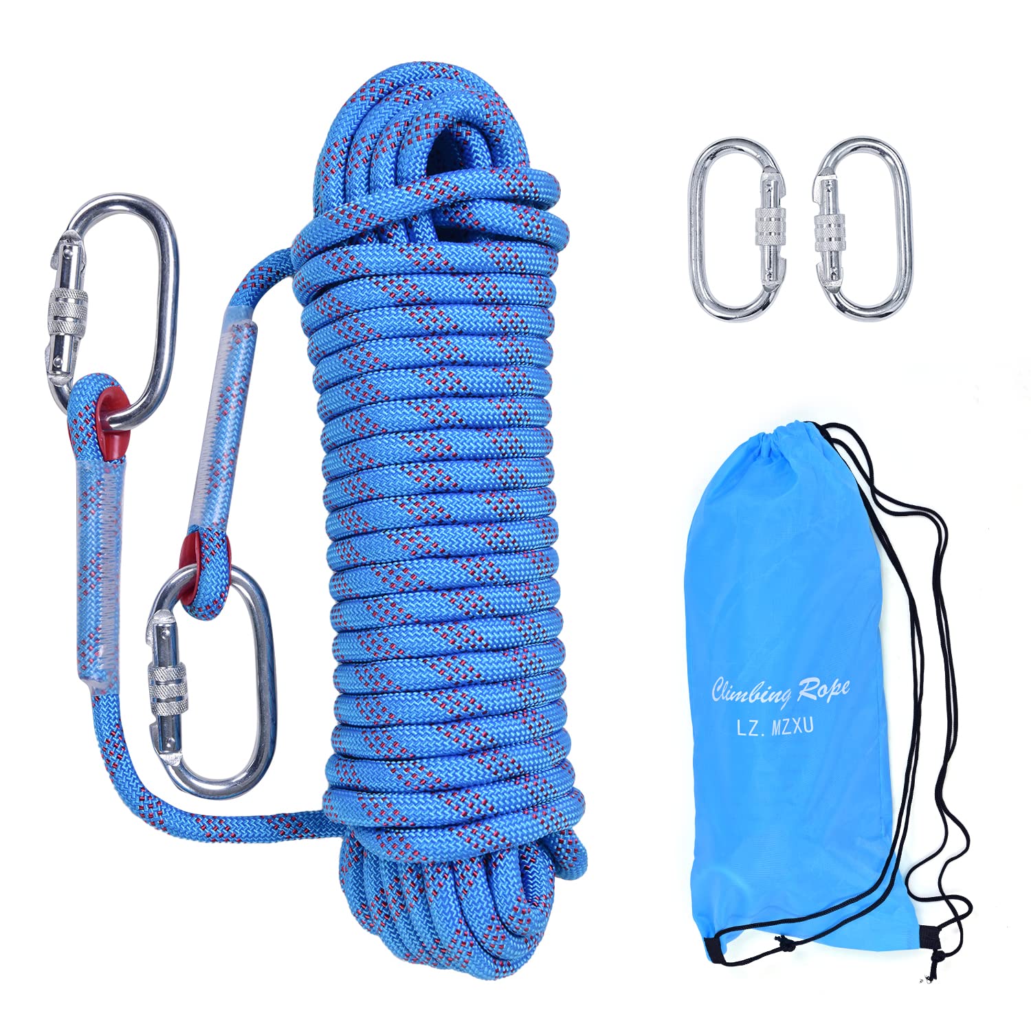 LZ.MZXU Climbing Rope 20M Rope Multifunctional Cord Safety Rope 10mm Emergency Escape Rope Boat Rope With 2 Carabiners Camping Rescue Outdoor Hiking Caving (Blue)