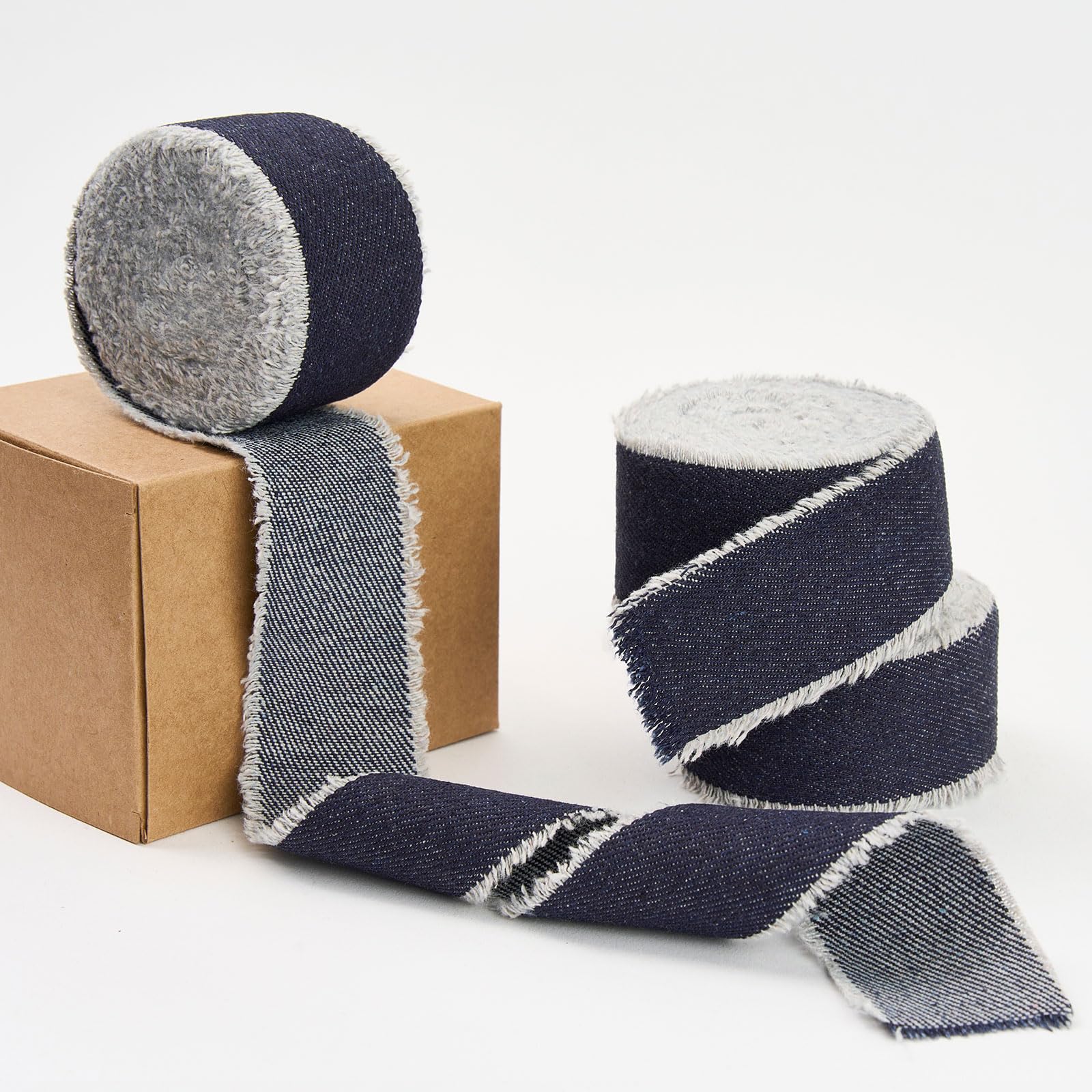 Pretty Jolly Dark Blue Denim Ribbon for Gift Wrapping Handmade Rustic Frayed Cotton Fabric Ribbon for Flower Bouquet Total 15 Yards 1 1/2 Inch Ribbons for Crafts Hair Wedding Invitation Holiday Decor