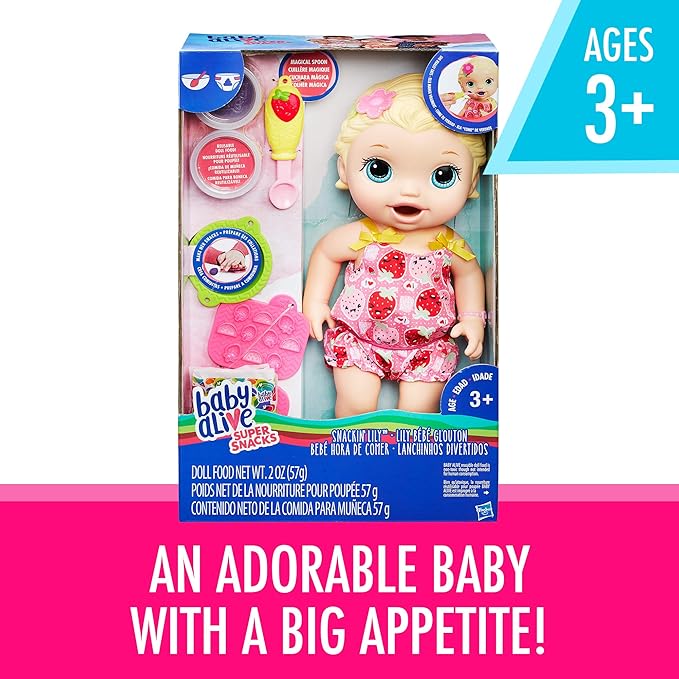 Amazon.com: Baby Alive Super Snacks Snackin' Lily Baby, muñeca: Muñeca rubia que come, con comida para muñecas reutilizable, cuchara y 3 accesorios, muñeca perfecta para niños y niñas de 3 años y