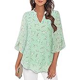 Bebonnie Womens Tops Dressy Casual Ruffle 3/4 Sleeve V Neck Double Layers Chiffon Blouses Tops