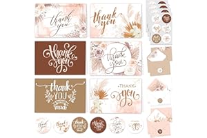 Decorably 24 Pack 6x4in Boho Thank You Cards with Envelopes and Stickers, 6 Charming Designs Boho Thank You Card set, Blank I