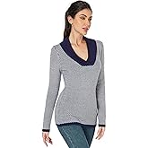 AmélieBoutik Women Color Trim Collar V Neck Long Sleeve Plaid Knit Sweater Tops