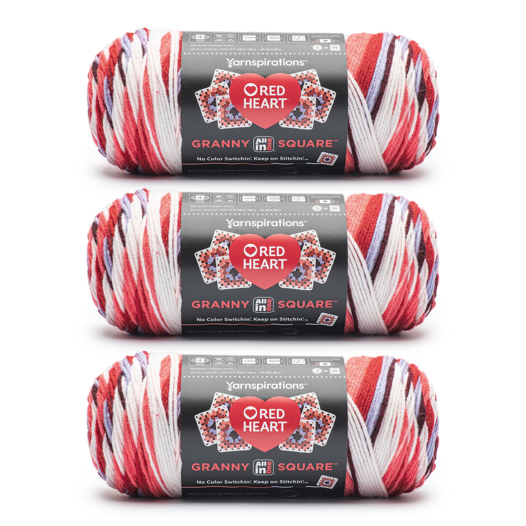 Red Heart All in One Granny Square Soft White- HOT Stuff Yarn - 3 Pack of 250g/8.8oz - 100% Acrylic - #4 Worsted (Medium) - 381m/417Yards - for Knitting, Crochet and Amigurumi