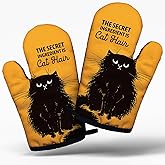 Funny Black Cat Cooking and Baking BBQ Kitchen Gadgets with Heat Resistant Silicone Non-Slip, The Secret Ingredient is Cat Hair Oven Mitts Set of 2, Gifts for Cat Lover Bakers Friends Mom Wife BBF