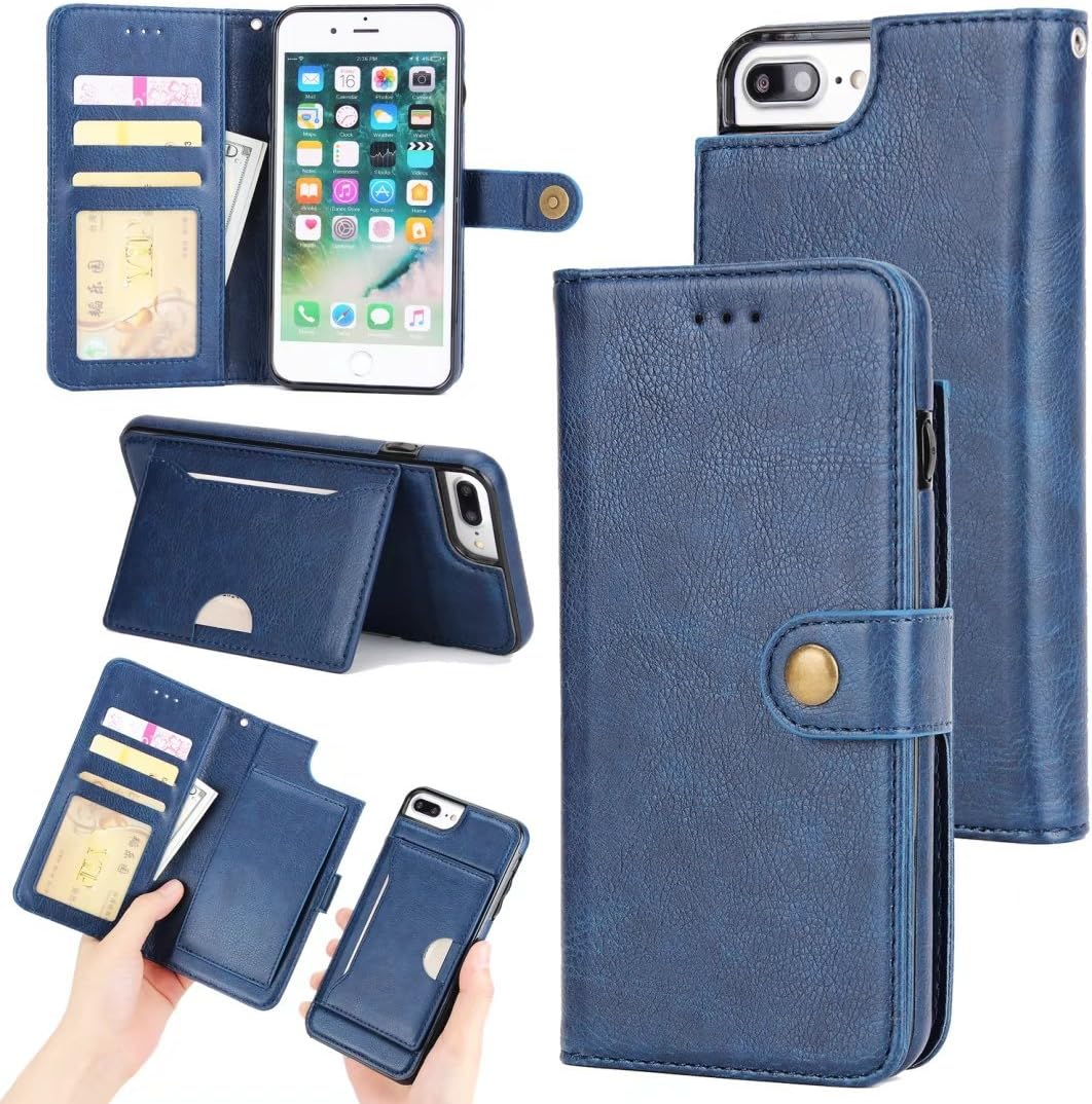 iPhone 7Plus Detachable Case,YEBMoo Removable Wallet Phone Case,Double Layer Shock Absorbing Premium Soft PU Color Matching Leather Wallet Cover Flip Cases For iPhone 7Plus 8Plus(7Plus Blue EHY)