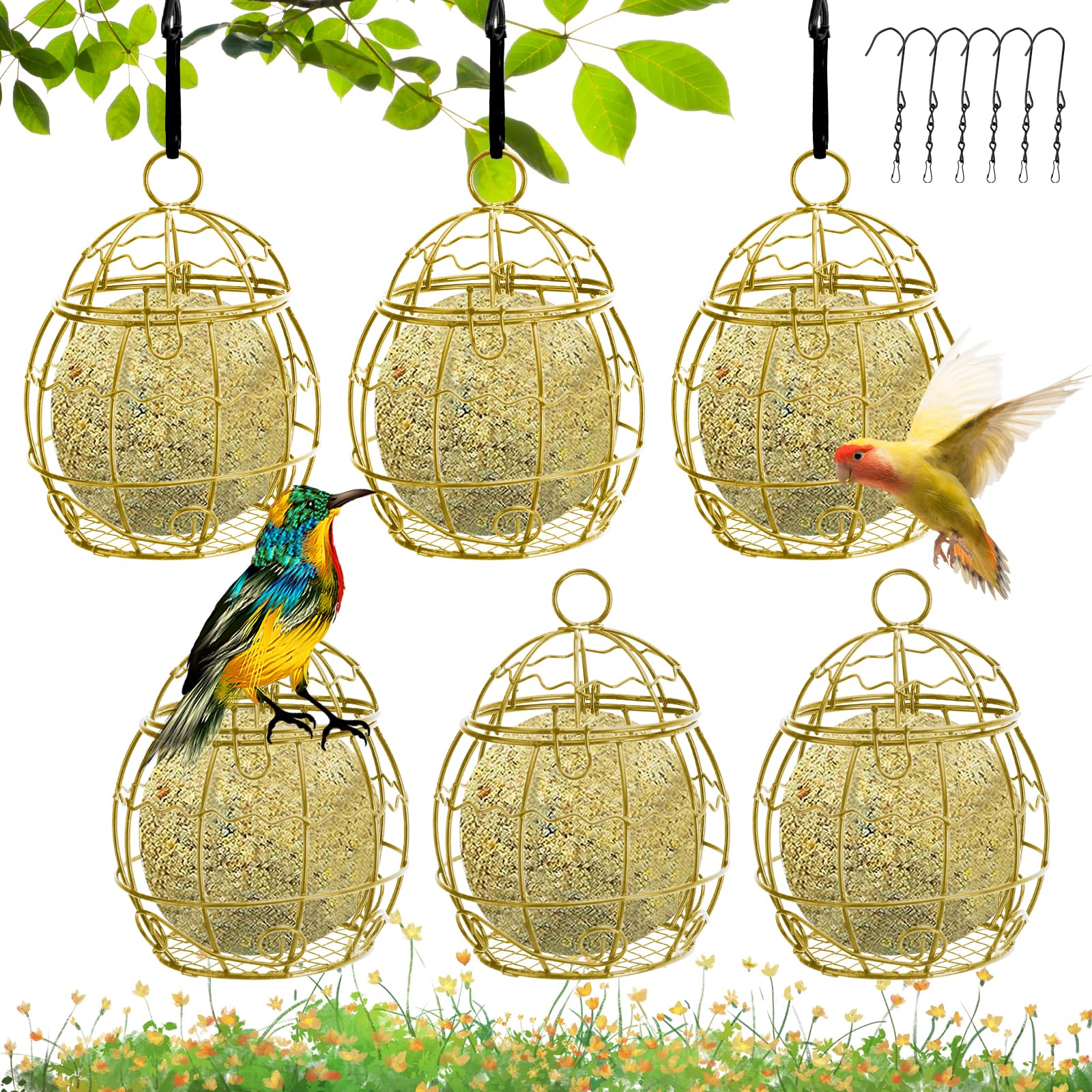 Boisbresil 6PCS Hanging Metal Small Bird Feeder Fat Ball Feeders Hanging Suet Holders for Fat Balls Metal Ball Feeder with 6 S-shaped hooks for Garden Wildlife Birds Finch Sparrow Robin