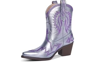 HOCHFART Western Boots for Women Metallic Embroidered Pointed Toe Cowgirl Boots Chunky Heel Pull-On Short Cowboy Boots Wide Calf Country Ankle Boots