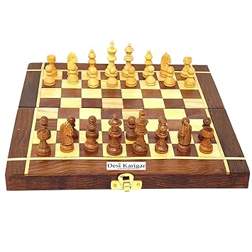 Desi Karigar Folding Wooden Chess Board Set Game Handmade Small Chess Pieces 10 Inches (Non - Magnetic)