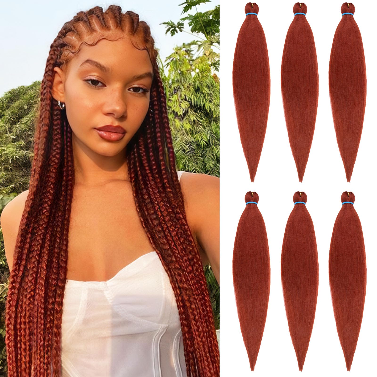 Samtress 24 Inch Pre Stretched EZ Braiding Hair 6 Packs Professional Kanekalon Soft Yaki Texture Synthetic Fiber Copper Red Hot Water Setting Crochet Braids Hair Extensions for Women (#350) — image 1