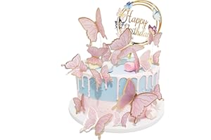 BINJO Butterfly Cake Toppers Decorations - 1 Big Happy Birthday Cake Topper & 15Pcs 3D Pink Gold Cupcake Toppers - Party Supplies for Decorating Baby Shower Girl's Birthday