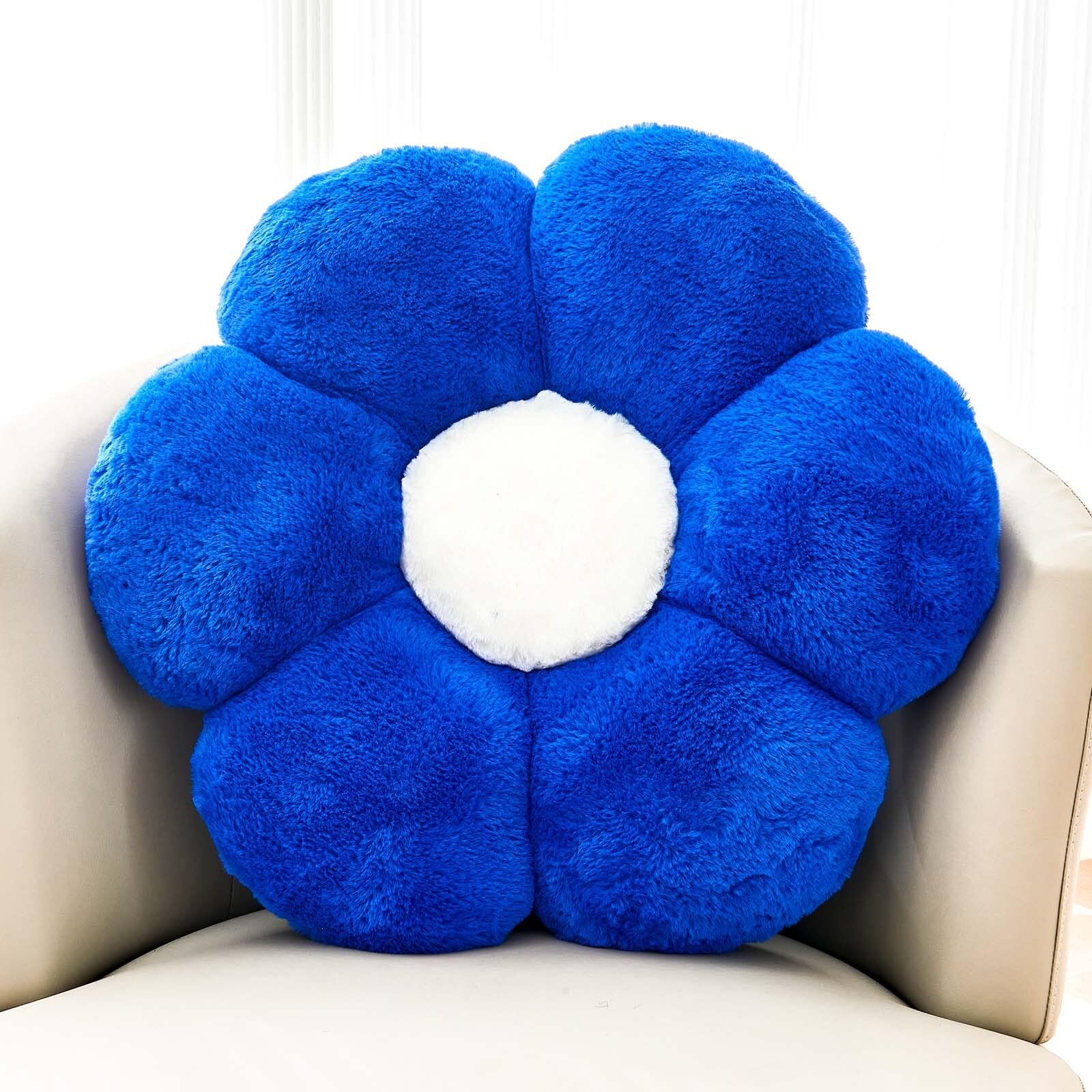 Kcvvcr Flower Pillow Cute Decorative Throw Pillow with Faux Rabbit Fur Soft Daisy Plush Floor Cushion Aesthetic Flower Shaped Pillow Home Decor for Bed Sofa Couch (Royal Blue, 19.6 Inch)