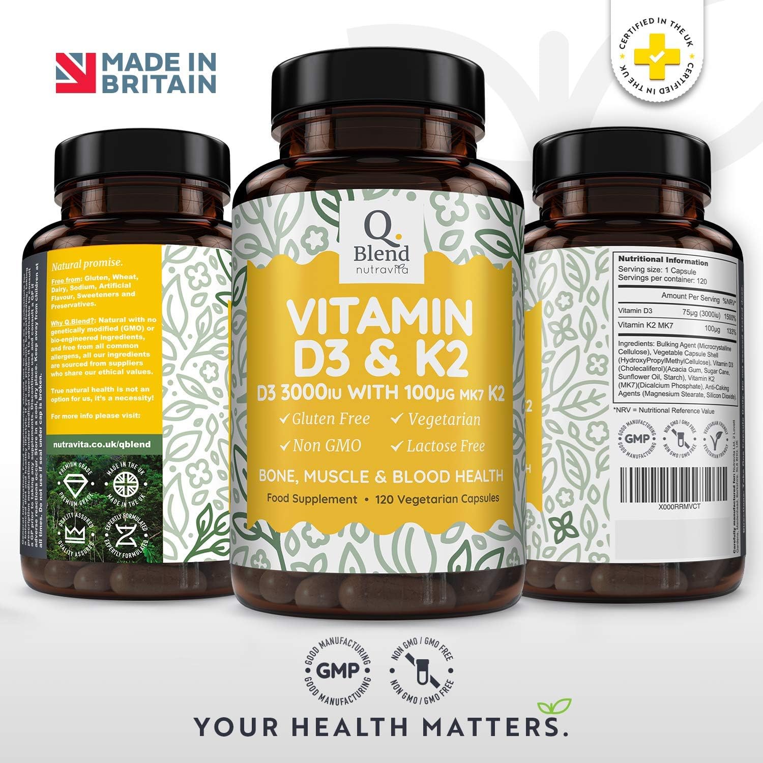 Nutravita Vitamin D3 3000iu & K2 100ug (MK7), 120 Vitamin D3 K2 Vegetarian Capsules, Supports Normal Bones, Muscles - Image 4