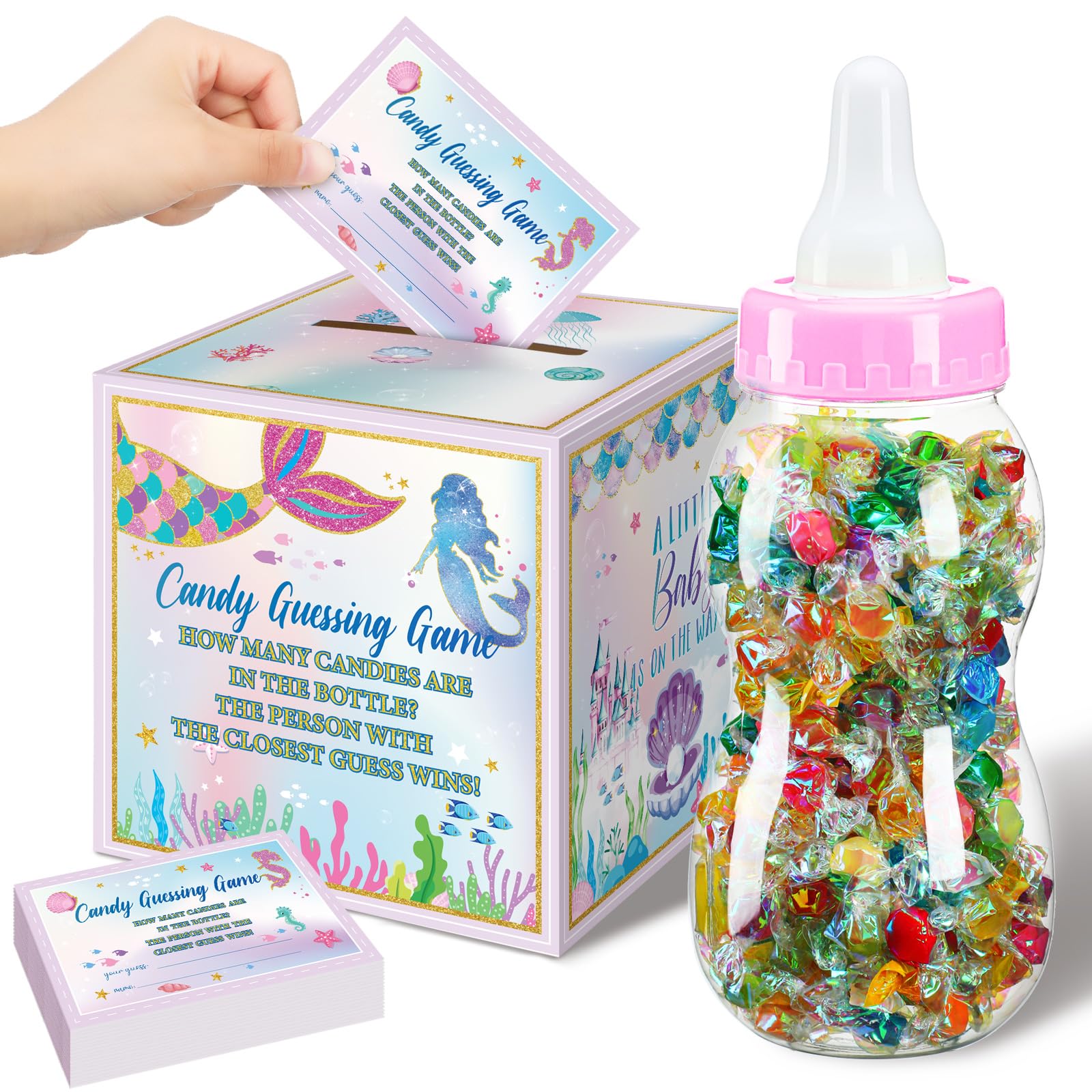 Photo 1 of Glenmal 52 Pcs Baby Shower Games Gift Sets Large Baby Bottle for Shower Game Guess How Many Candies Decorations for Gender Reveal(Mermaid)