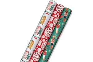 Hallmark Christmas Wrapping Paper with Cutlines on Reverse (3 Rolls: 120 Sq. Ft. Total) Winter City Scene, Rustic Snowflakes on Red, Nutcrackers with Foliage