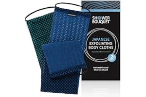 SHOWER BOUQUET Japanese Exfoliating Washcloth for Back & Body 2-Pack - Charcoal & Silver Ion Exfoliating Towel with Handles - Two-Sided Gentle Exfoliation & Deep Cleanse Body Wash Cloths for Shower - 1 Blue, 1 Green