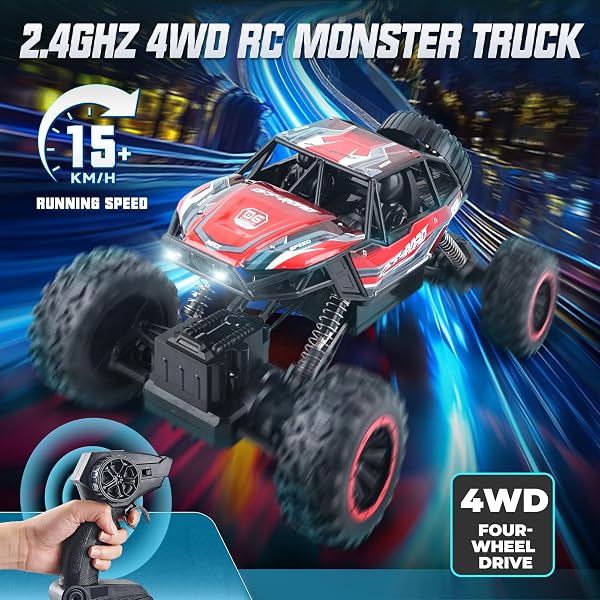 BEZGAR MONSTER TRUCK TOYS – 1:12 REMOTE CONTROL MONSTER TRUCK WITH LIGHT, RC CRAWLER FOR ADULTS, SCALE RC TRUCK WITH 45° CLIMBING, REMOTE CONTROL CAR FOR BOYS RED