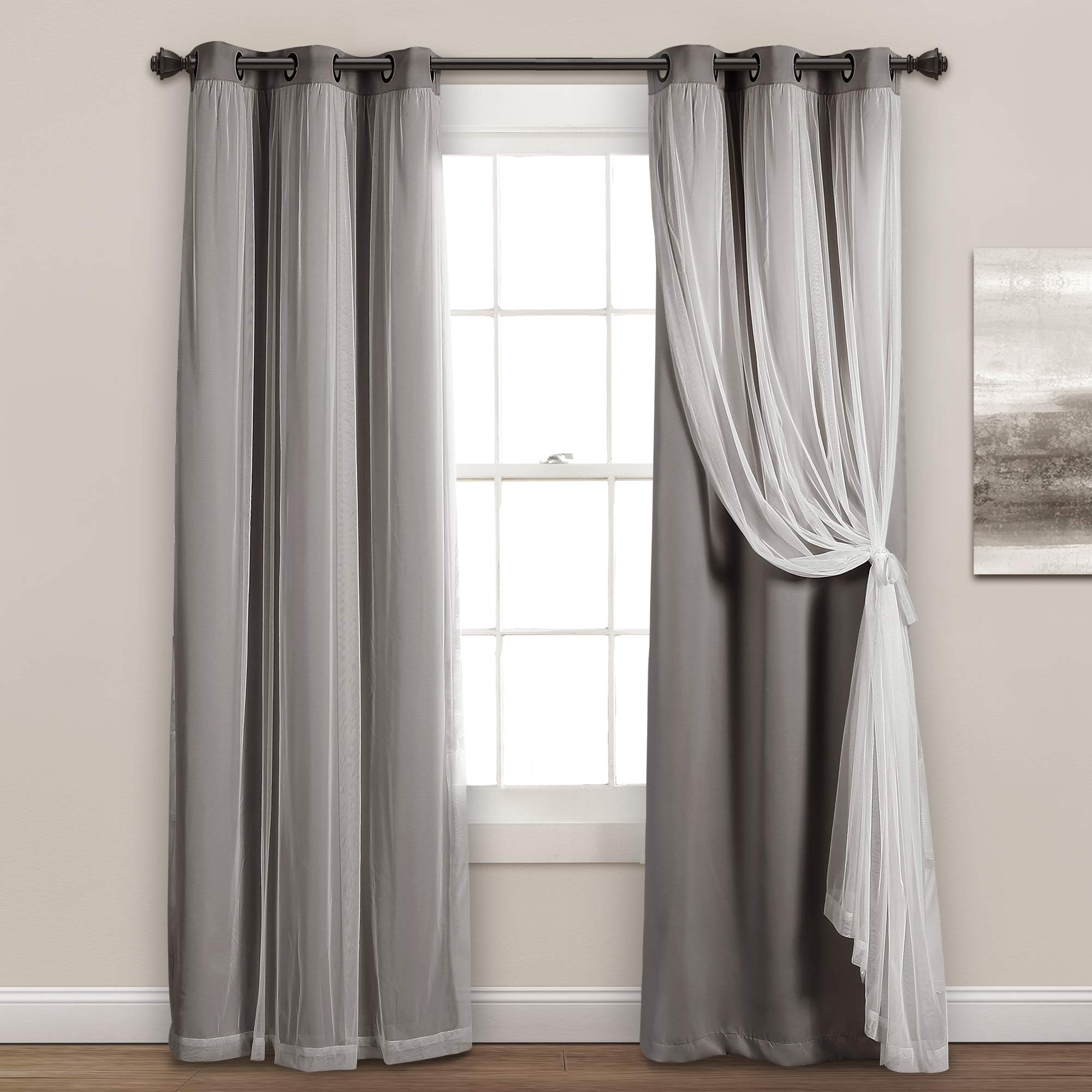 Lush Decor Sheer Grommet Curtains With Insulated Blackout Lining, Window Curtain Panels, Pair, 38"W x 108"L, Dark Gray - Curtain With Sheer Overlay, Elegant Blackout Curtains for Bedroom Image