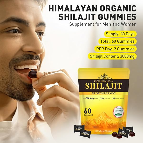 PURE HIMALAYAN SHILAJIT GUMMIES 3000MG WITH 85+ TRACE MINERALS & FULVIC ACID, 100% NATURAL&ORGANIC, NO ADDED SUGAR, LAB TESTED, GOLD GRADE SHILAJIT GUMMIES FOR MEN & WOMEN, INDIVIDUALLY PACKAGED
