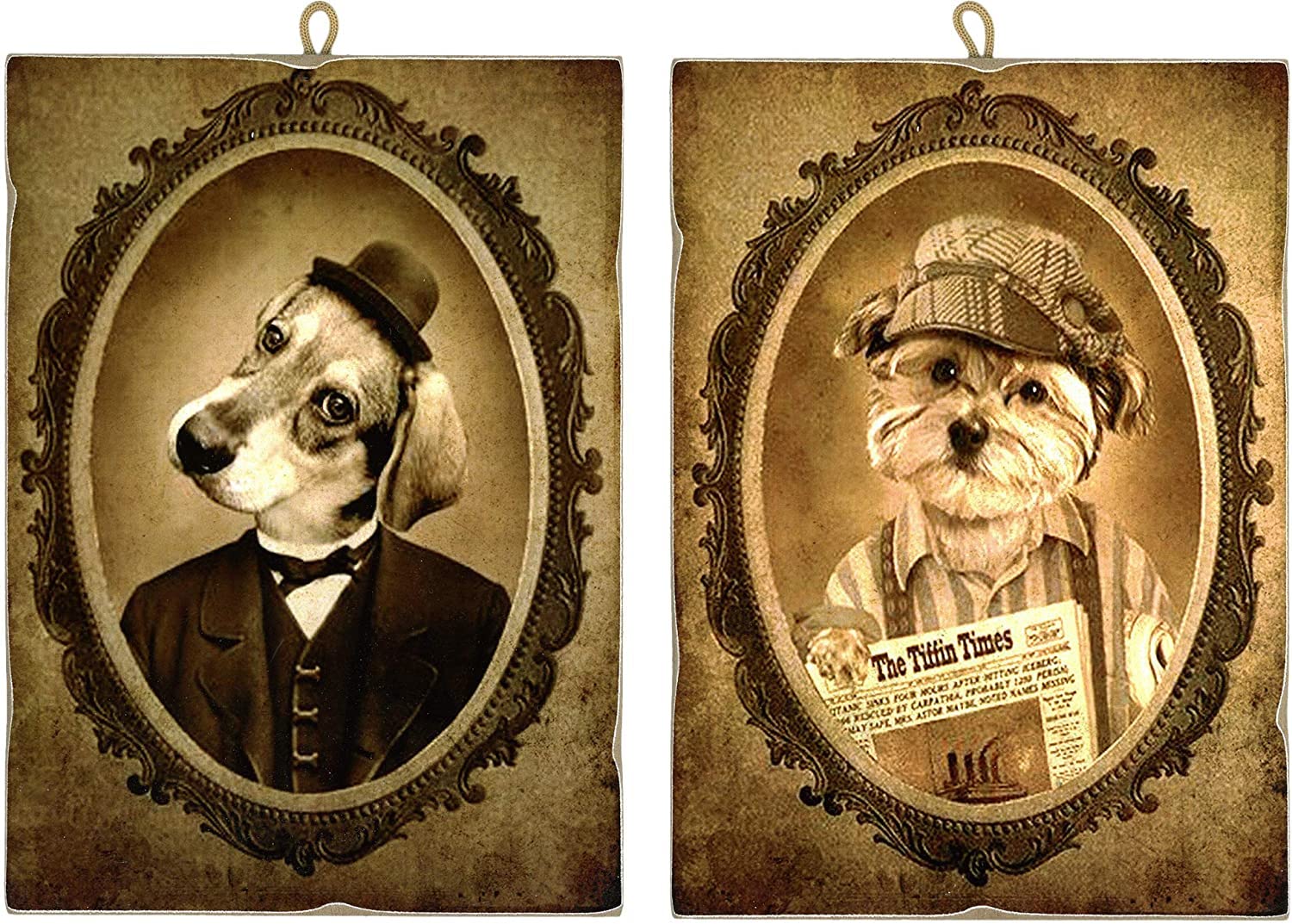 KUSTOM ART Set of 2 Paintings Vintage Style Animal Series Aristocratic Collectible Dogs Print on Wood 40x30 cm. each