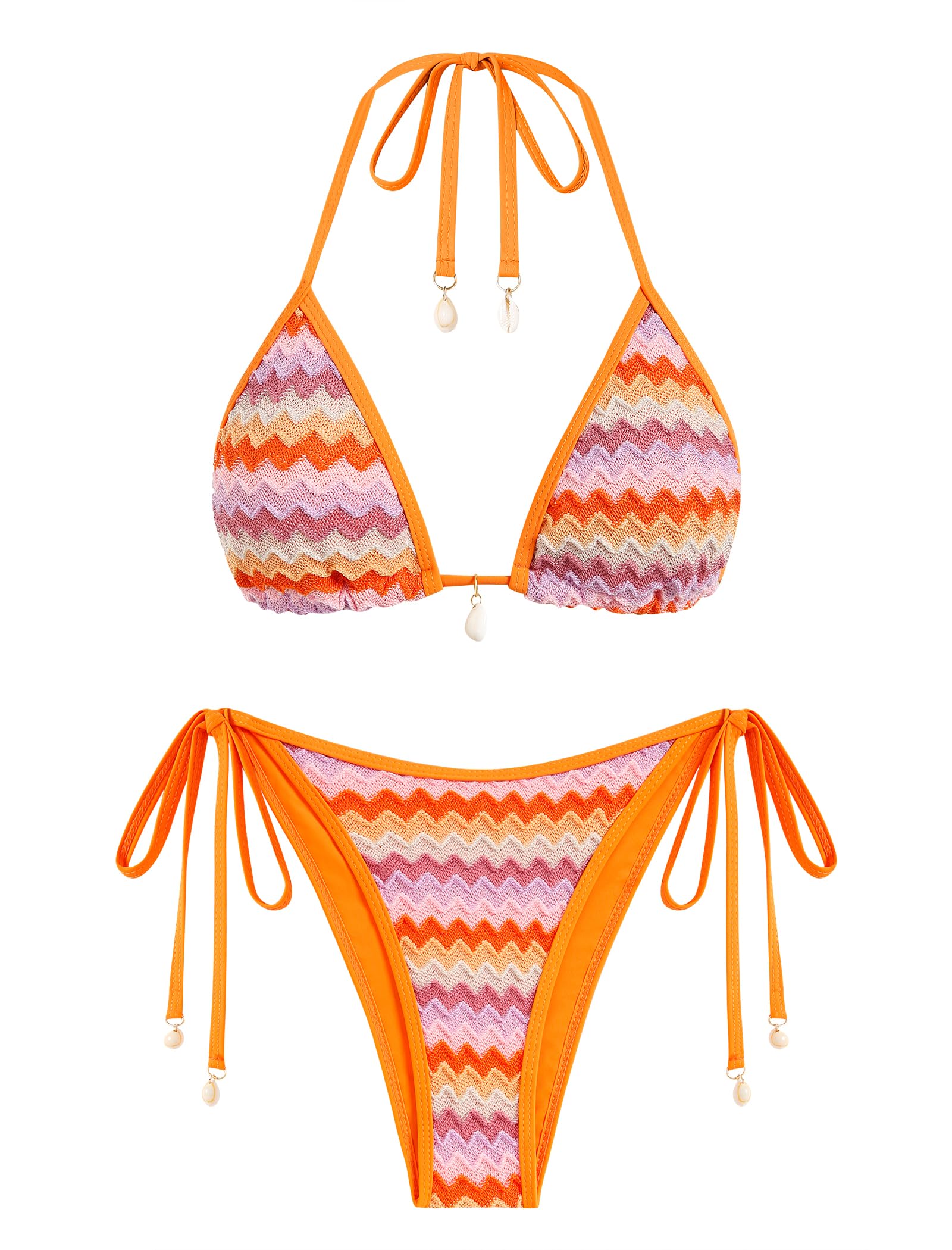 Photo 1 of ZAFUL Women's Colorblock Stripes Triangle Halter Tied Cheeky Thong Bikini Set High Cut Two Piece Bathing Suit (2-Orange, S)