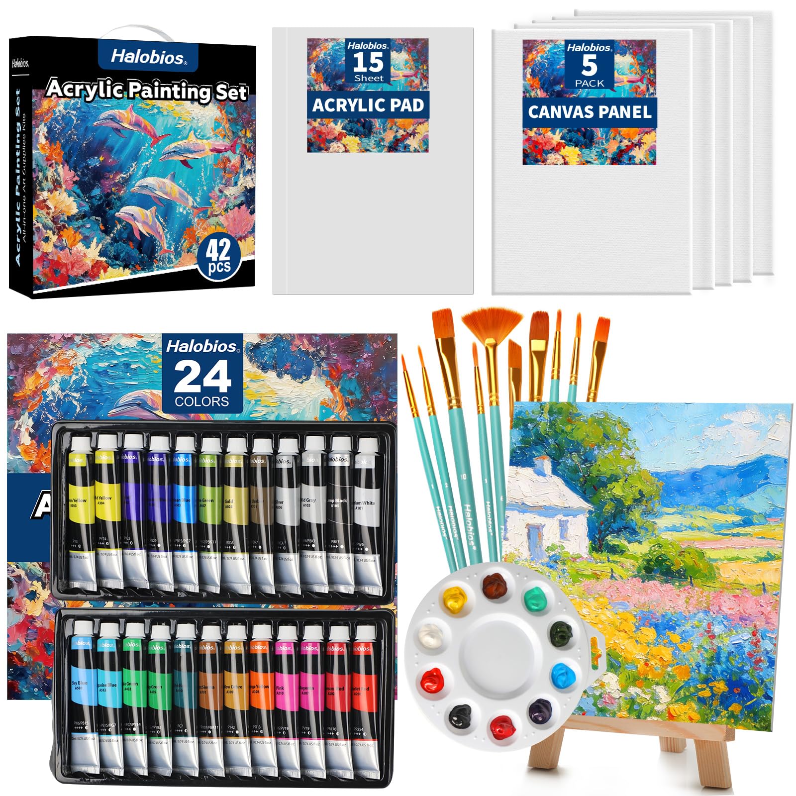 Halobios Acrylic Paint Set, Art Painting Supplies Kit with 24 Colors Acrylic Paints (22ML),Wooden Table Easel,Canvas,Painting Pads,10 Paint Brushes & Etc for Students, Artists and Beginner