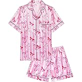 Sylfairy Girls Pajamas Silk PJS Set Pink Bow Satin Sleepwear Short Sleeve Jammies for Kids Button-Down Nightwear size 7-14