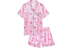 Sylfairy Girls Pajamas Silk PJS Set Pink Bow Satin Sleepwear Short Sleeve Jammies for Kids Button-Down Nightwear size 7-14