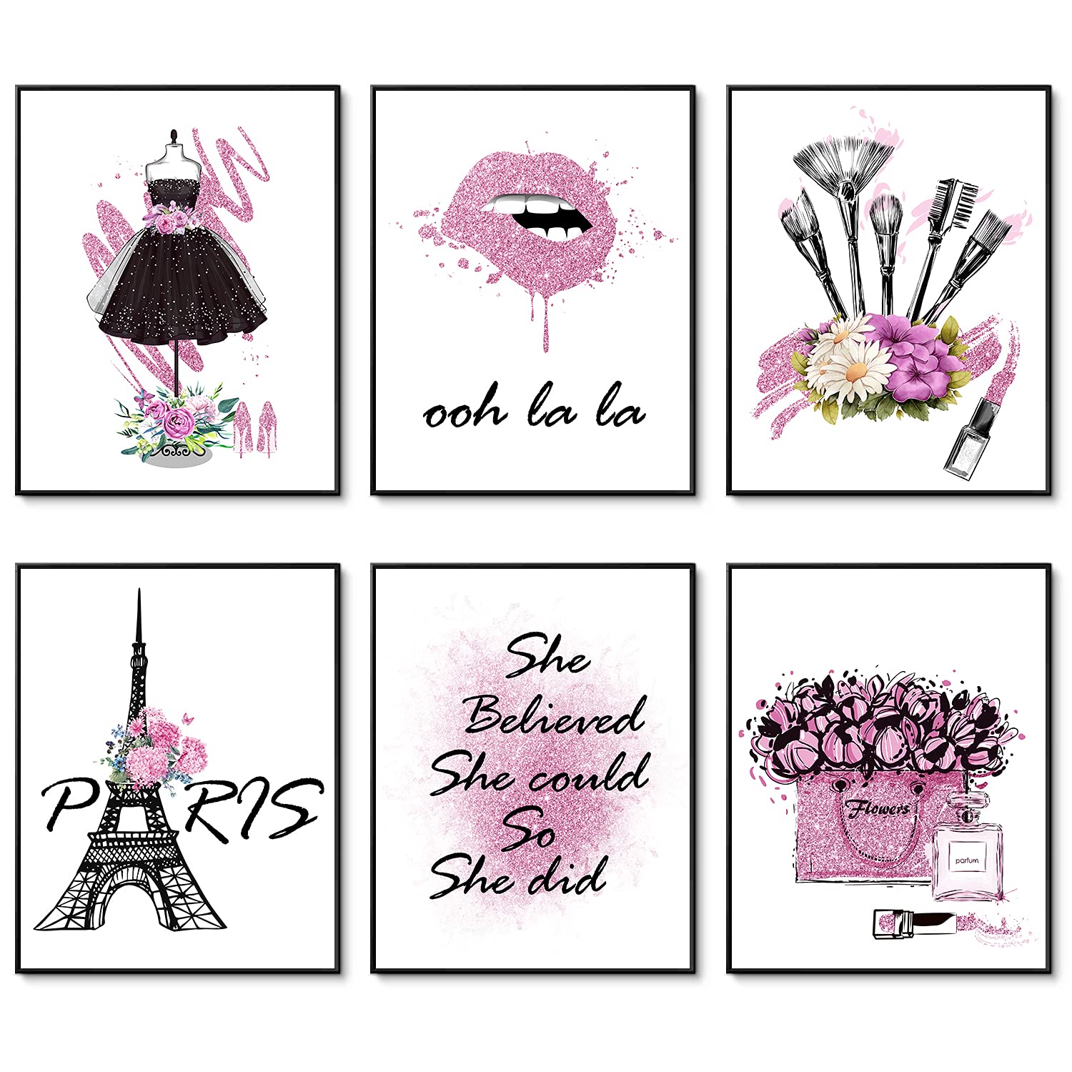 HOGEBIG Pink Fashion Wall Art Girl Room Decor Makeup Room Artwork Prints Set of 6 Paris Perfume Flower Lipstick Canvas Art Posters Wall Decor for Bedroom (11"x14" UNFRAMED)