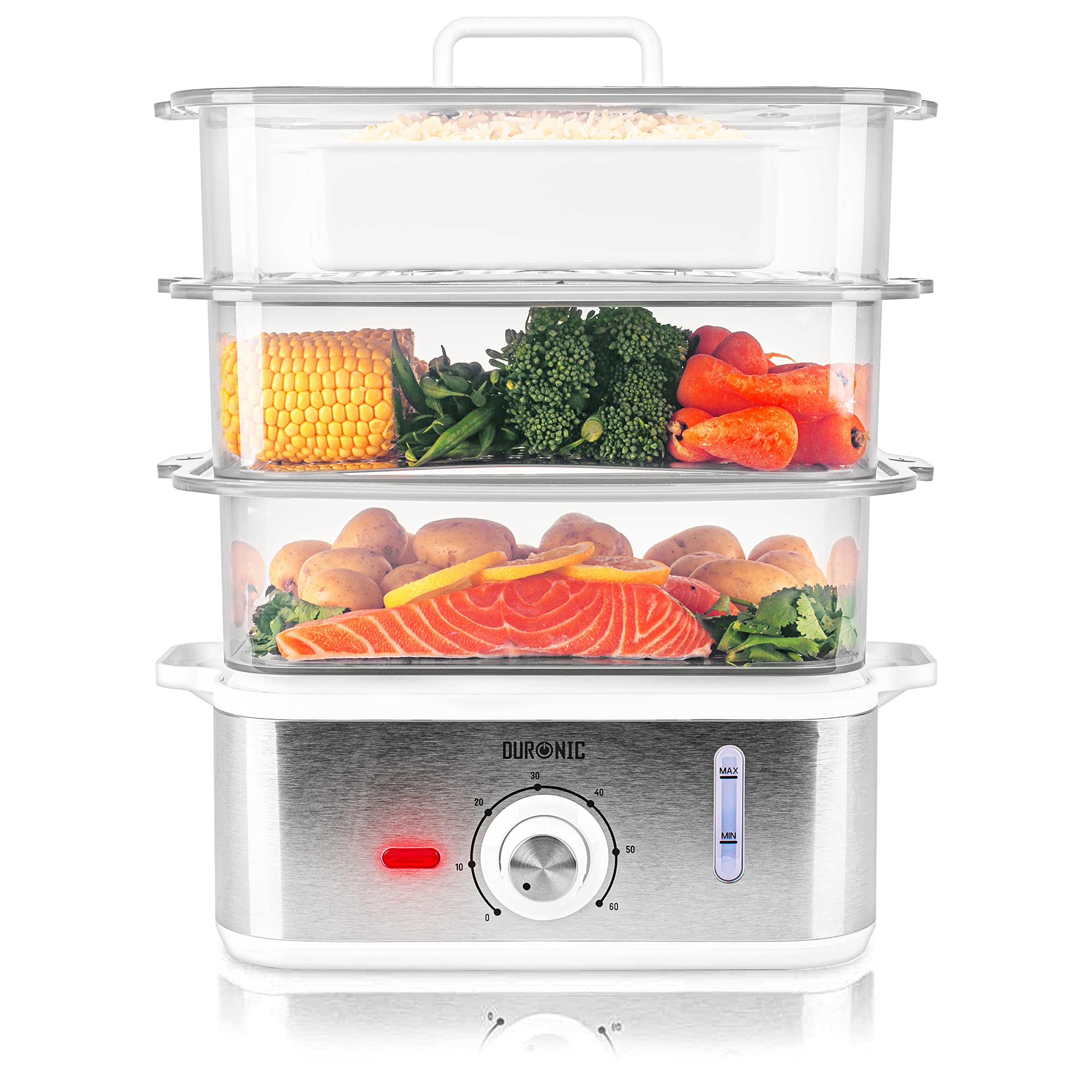 Duronic Electric Food Steamer FS87, BPA-Free 3 Tier Rice & Vegetable Steamers with Rice Bowl & Timer Perfect to Steam Vegetables, Fish, Dumplings, Baby Food