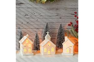 Peninpha 7PCS Christmas Village Sets - 3 LED Lighted Ceramic White Houses with 4 Decorative Christmas Trees Remote Control Led Candles for Xmas Home Tabletop Mantel Shelf Decor