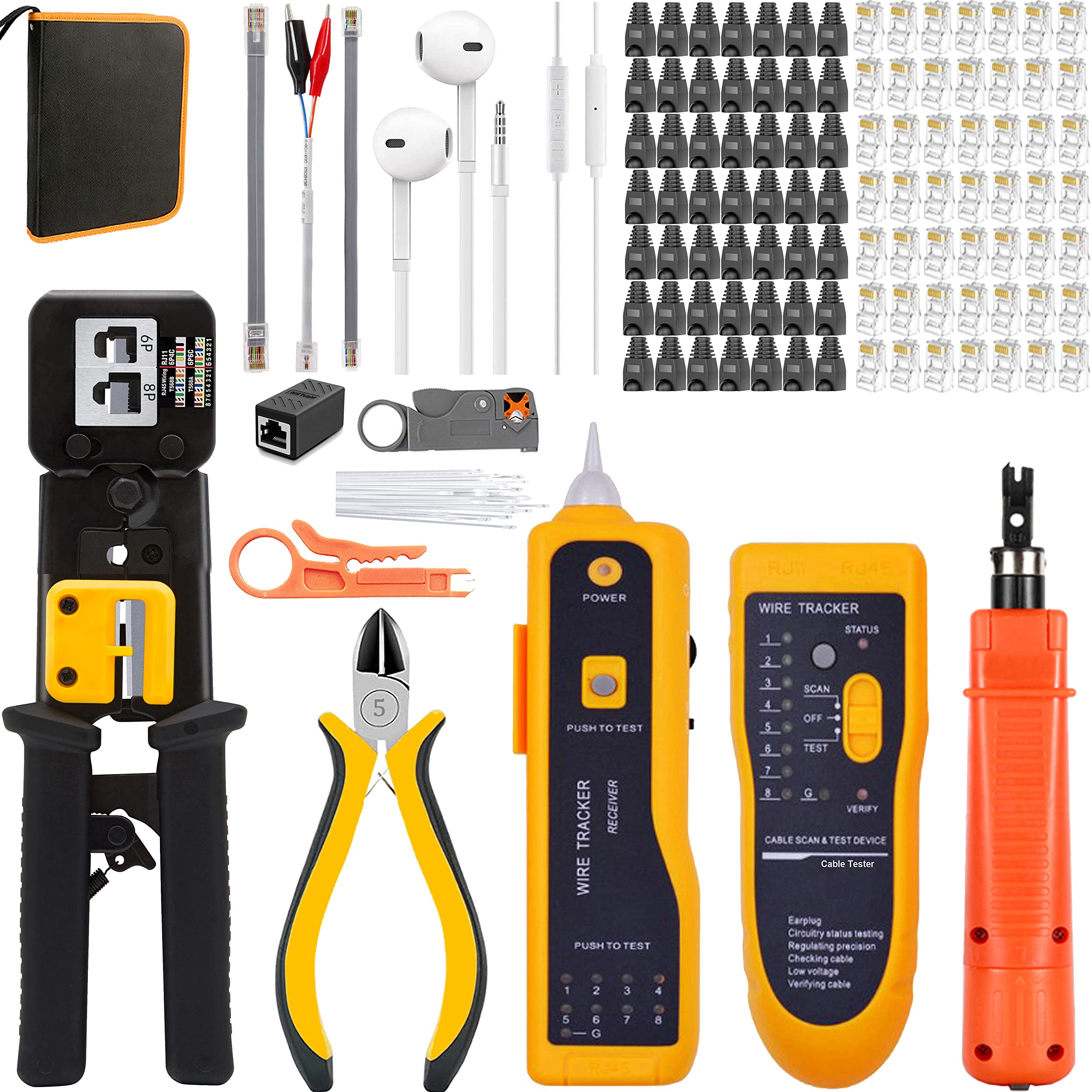 MAYLINE-TECH Crimping Tool CAT5/CAT6/Cat5e Cable Crimper Network Repair Kit, RJ45/RJ11/RJ12 Crimp Stripping Cutter Set, Professional Wire Crimping Tester Tools, End-Pass-Through Connectors (Orange)