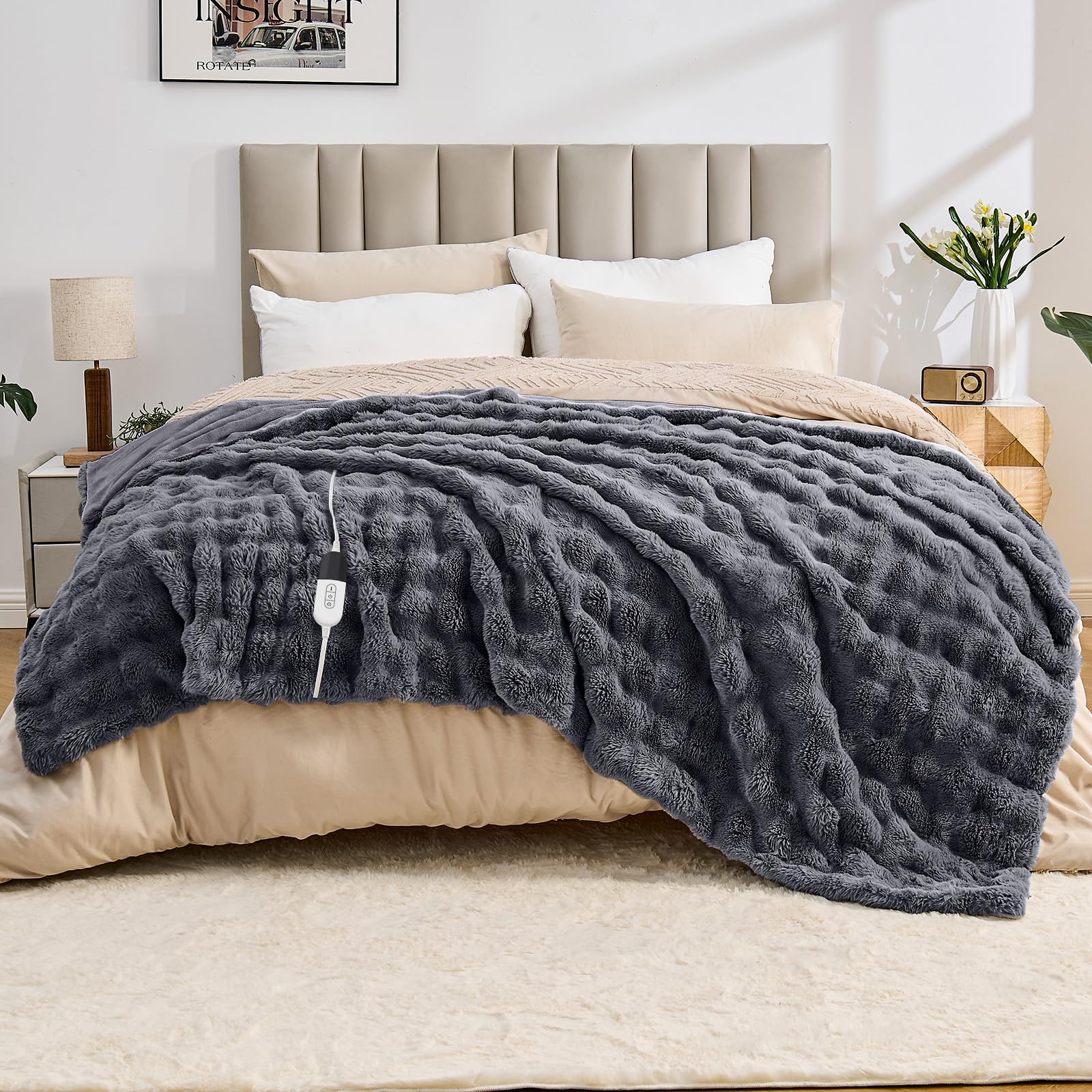 Photo 1 of Easthome Heated Blanket Electric Throw Blanket 62''X 84''-Heating Blanket with 6 Heat Settings-10 Hours Auto Off,Cozy Faux Rabbit Fur Bubble Electric Blanket,Dark Gray