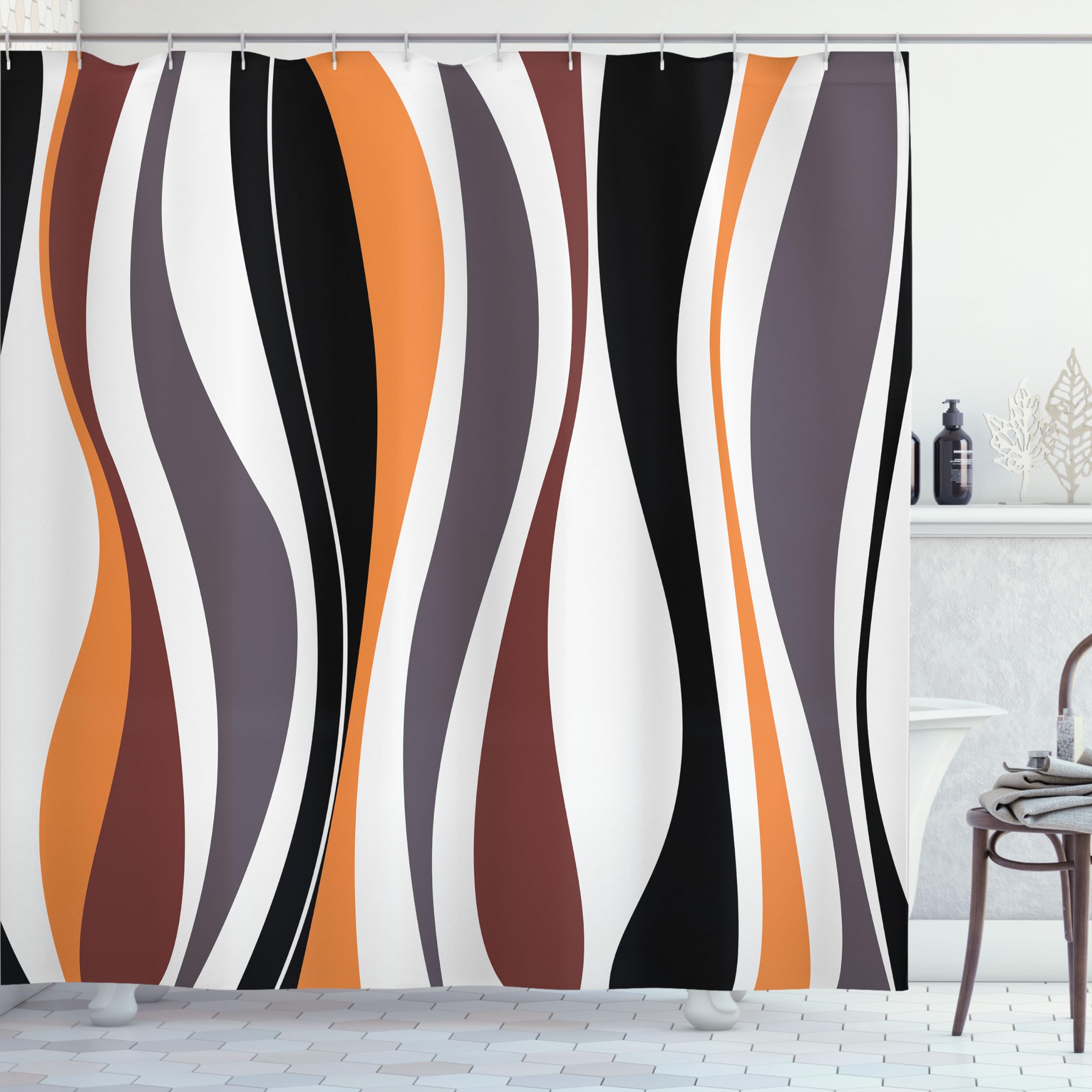 ABAKUHAUS Vintage Shower Curtain, Retro Vibrant Stripes Funky Lines Design Patterns Abstract Print, Cloth Fabric Bathroom Decor Set with Hooks, 175 x 200 cm, Black Apricot
