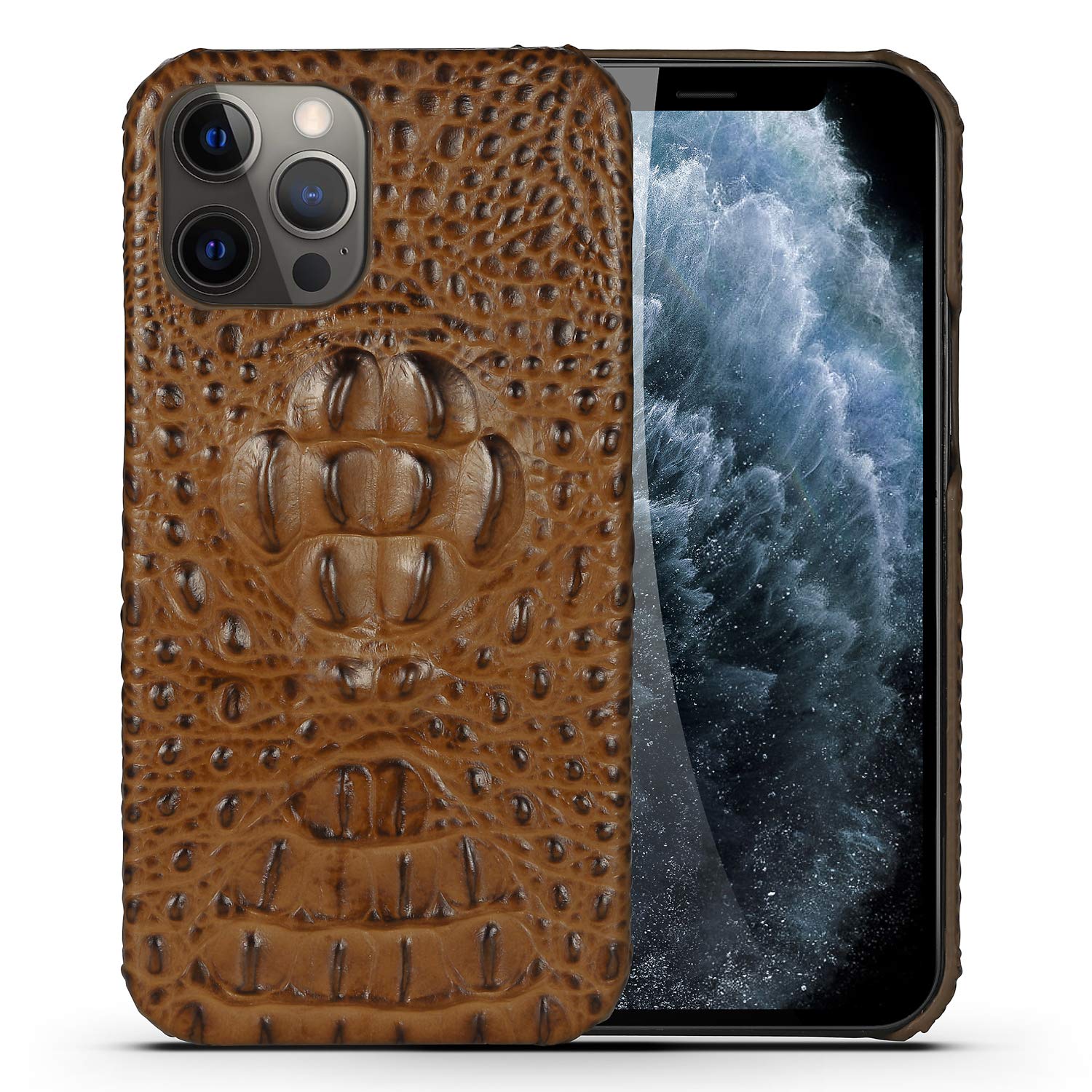 nincyee Genuine Leather Basic Case for iPhone 12 Pro and iPhone 12,Luxurious Crocodile Head Relief Premium Real Leather Handmade Case Half Wrapped Brown
