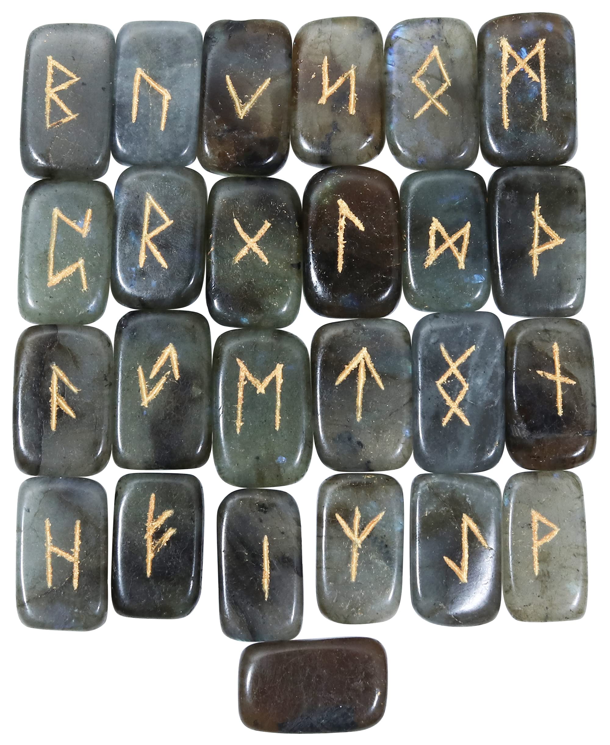 Crocon® Labradorite rectangle shape gemstone rune stones with Elder Futhark Alphabet Engraved 25 pcs rune set Crystal Divination metaphysical Healing Chakra Reiki runes set with a pouch Size: 20-25mm