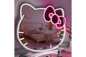 COLORNEON Anime Hello Kit Mirror, Cat Neon Sign 24W 21L Vanity Mirror with Lights, Led Wall Mirror with Dimmable for Girls Room Decor, Hello Kit Stuff Makeup Mirror with Lights for Teen Girl Gifts