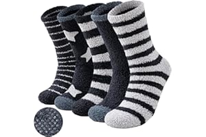 Niorasen Men's Fuzzy Socks with Grips, 5 Pairs Warm Cozy Thick Slipper Socks for Winter, Home, Hospital, Sleeping, Christmas