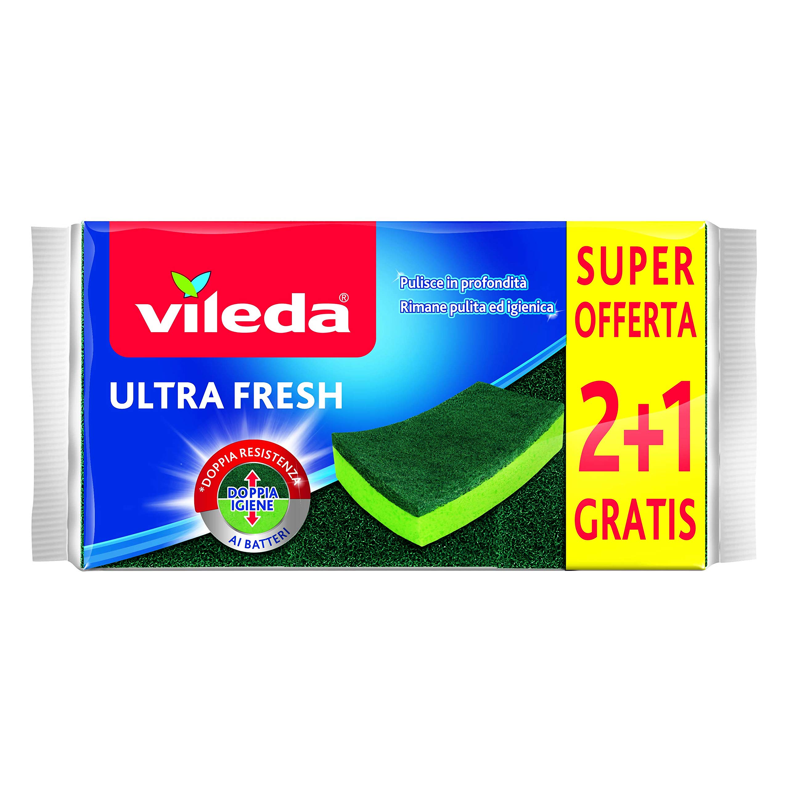Vileda Ultra Fresh Abrasive Sponge, Absorbent, Scratch Resistant, Fibrous Part, Antibacterial Treatment, Size 2+1, Green