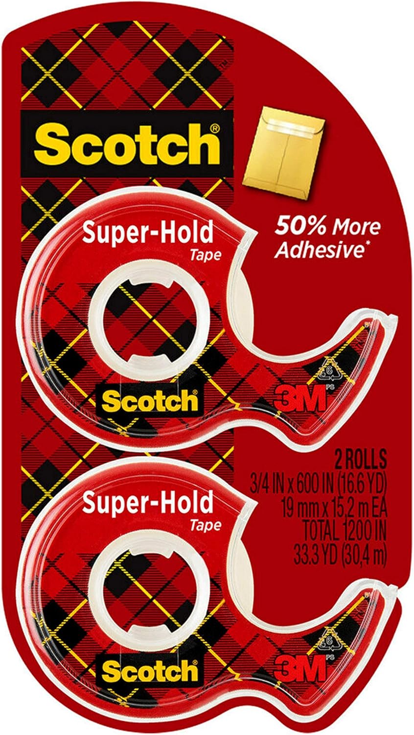 Scotch Super-Hold Tape, 2 Rolls, Transparent Finish, 50% More Adhesive, Trusted Favorite, 3/4 x 600 Inches, Dispensered (198DM-2) : Office Products