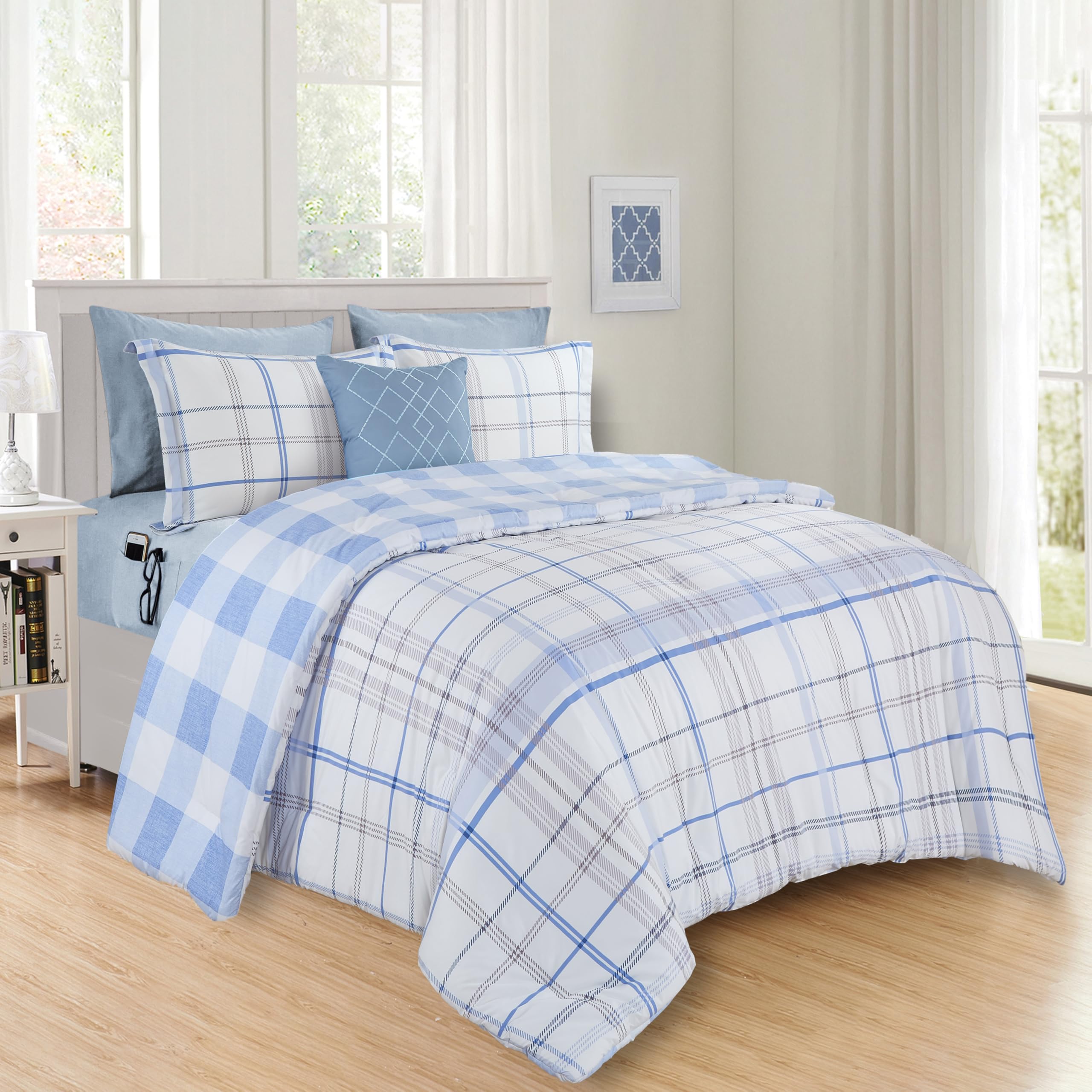 Elegant Comfort 8- Piece Lodge Plaid Reversible Comforter Set Bed-in-a-Bag Set - Silky Soft Complete Set Includes Bed Sheet Set with Double Sided Storage Pockets, Twin/Twin XL, Aqua Image