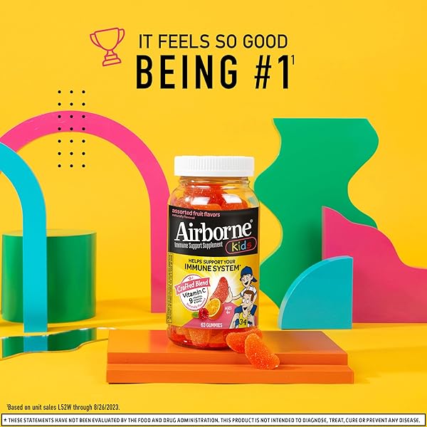AIRBORNE KIDS 500MG VITAMIN C GUMMIES, KIDS IMMUNE SUPPORT ZINC GUMMIES WITH POWERFUL ANTIOXIDANTS VIT C & E – 63 , ASSORTED FRUIT FLAVOR