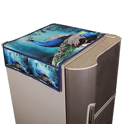 Kuber Industries Peacock Design Jute Refrigerator Top Cover with Four Pocket - Blue