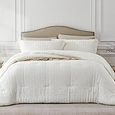 Quataly Beige Queen Comforter Set - 3 Pieces Seersucker Lightweight Bedding Comforter Sets (1 Soft Fluffy Comforter & 2 Pillowcases) - All Seasons Cozy Farmhouse Bed Sets for Women Men