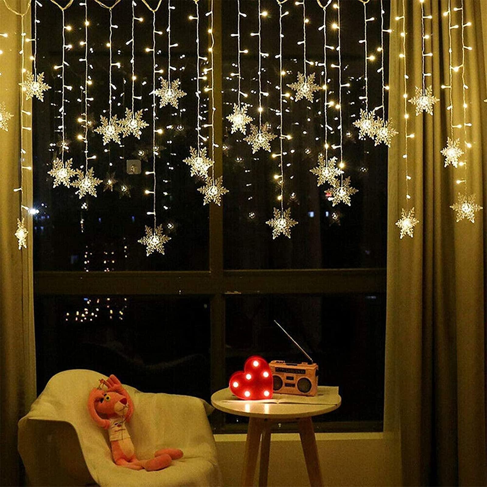 OAICIA LED Curtain String Lights, 96 LED 3.5M Fairy Snowflake Lights, Christmas Lights 4 Flashing Modes,Waterproof Light for Christmas Window, Garden, Party, Patio Decoration