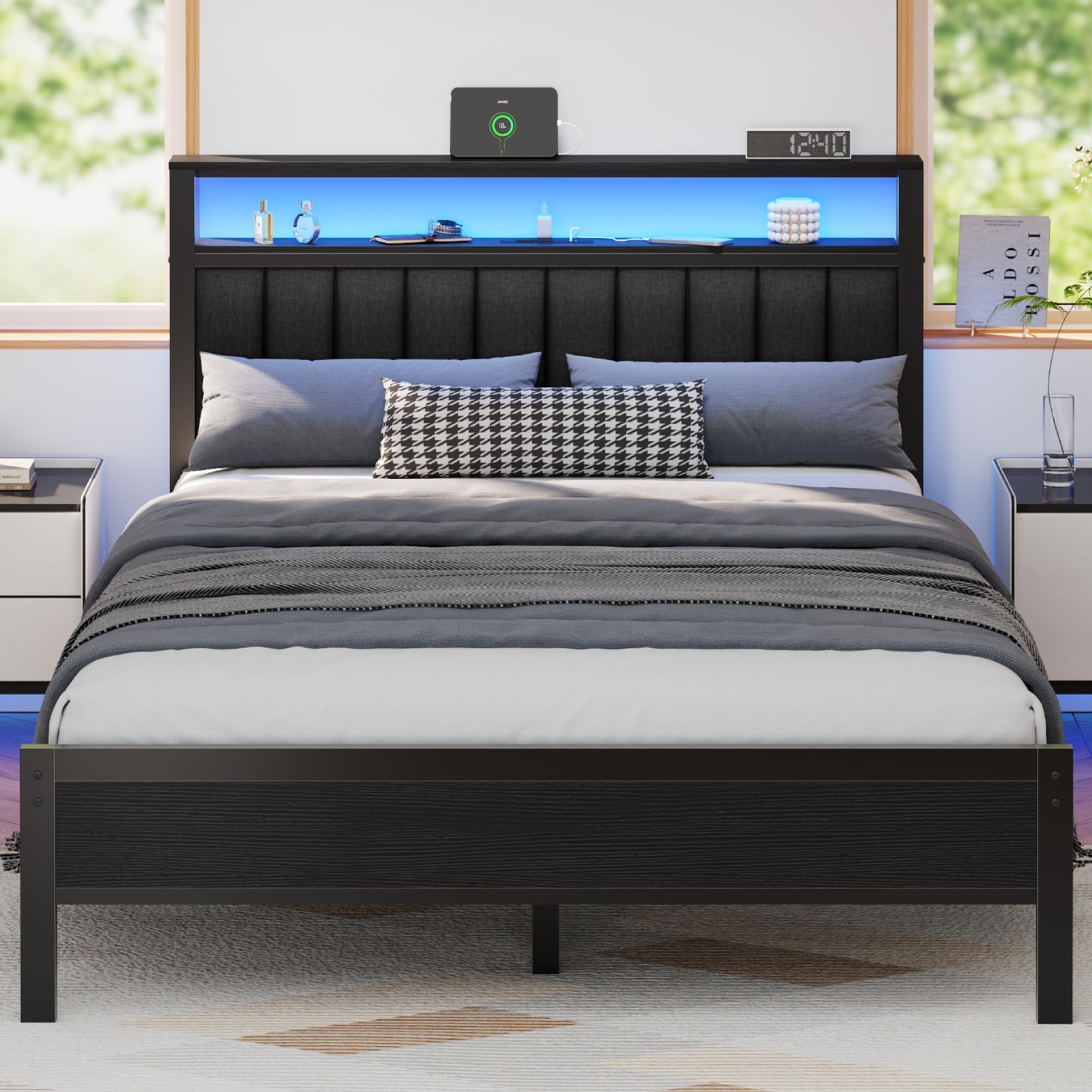 Photo 1 of * similar item *Furnulem Queen Size Bed Frame with Charging Station and LED Lights, Platform Bed with Metal Slats, Grey Upholstered Headboard with 2-Tier Storage Shelves, No Box Spring Needed