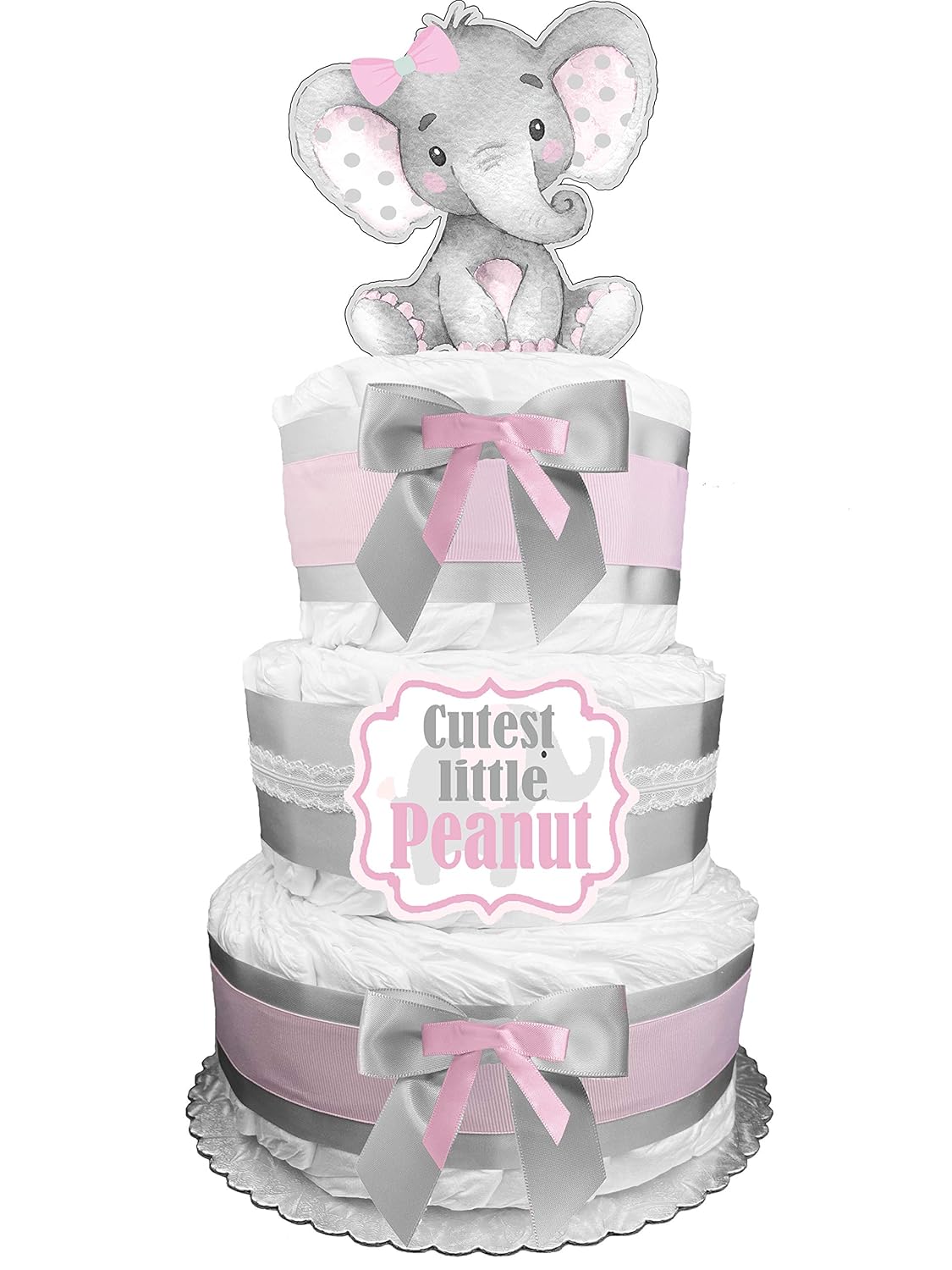 pink and grey elephant diaper cake