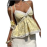 MakeMeChic Women's Floral Halter Cami Top Contrast Lace Shirred Summer Boho Going Out Tops